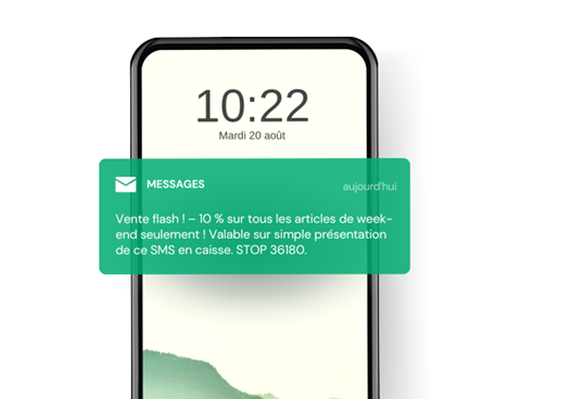 Une illustration d’un smartphone affichant un SMS drive-to-store