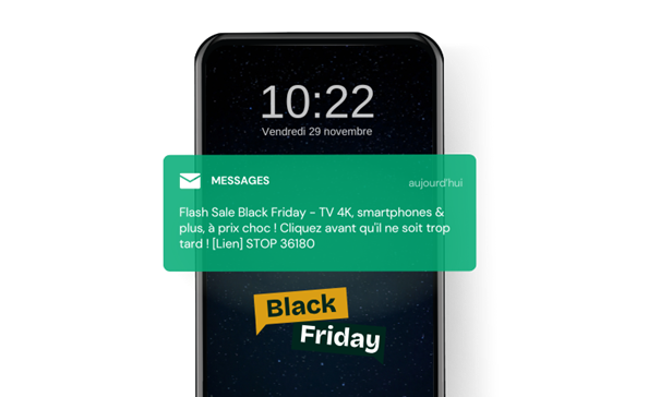 Une capture d’écran d’un smartphone recevant un SMS pour le Black Friday