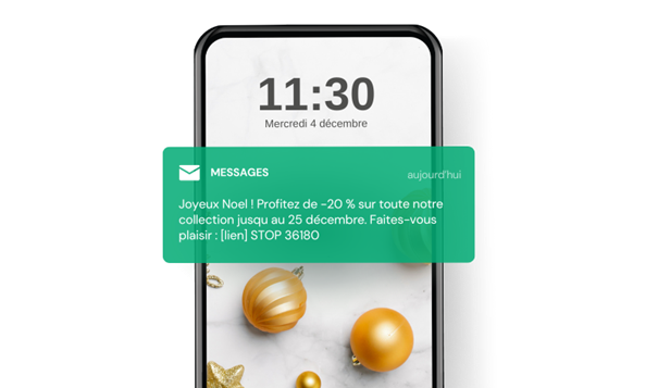 Une capture d’écran d’un smartphone avec un SMS marketing pour Noël