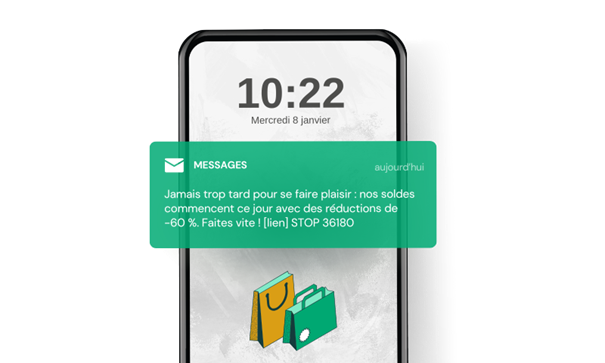 Une capture d’écran d’un smartphone recevant un SMS marketing pour les soldes d’hiver